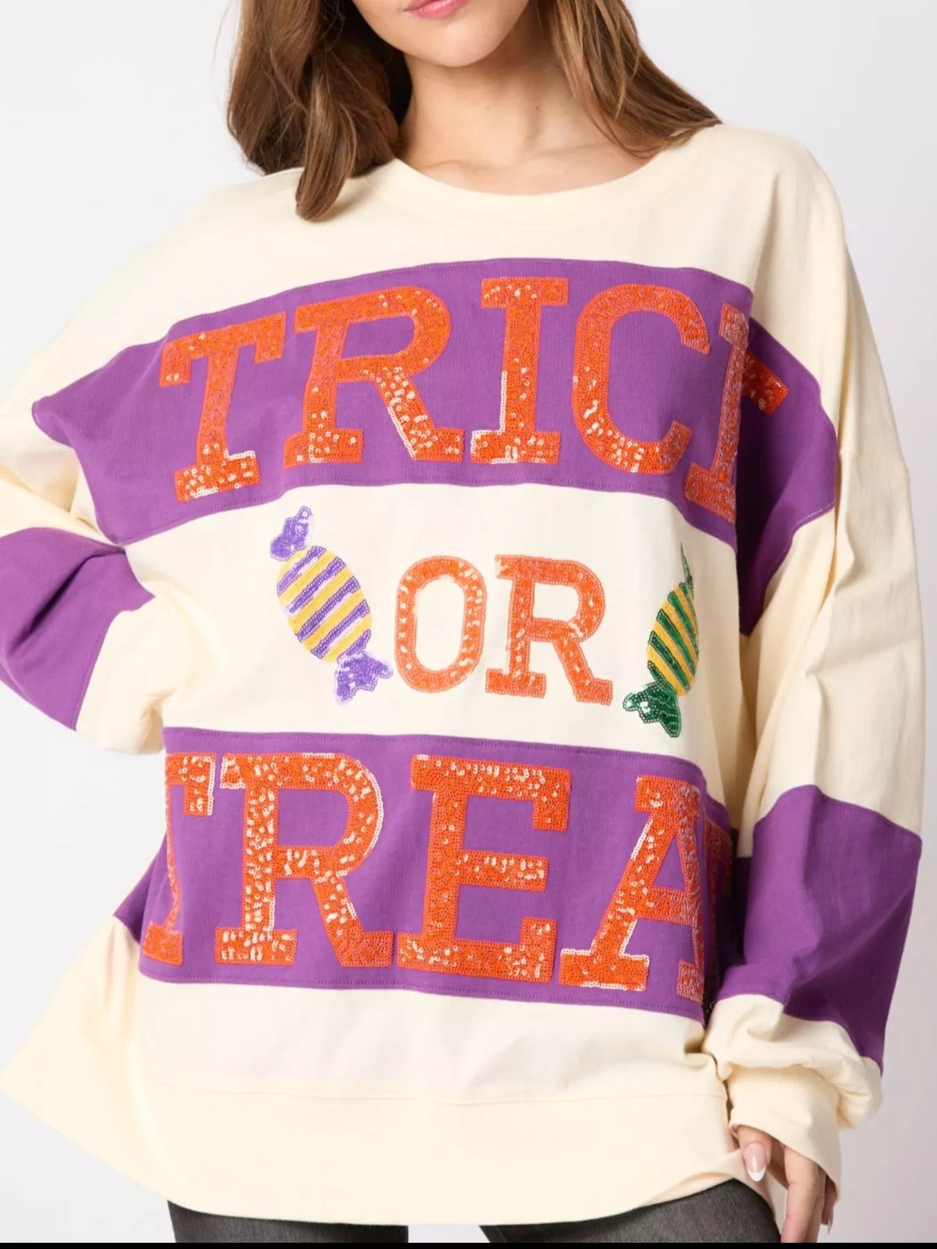 Ivory Trick or Treat Sparkle Sweatshirt with Sequin Halloween Lettering