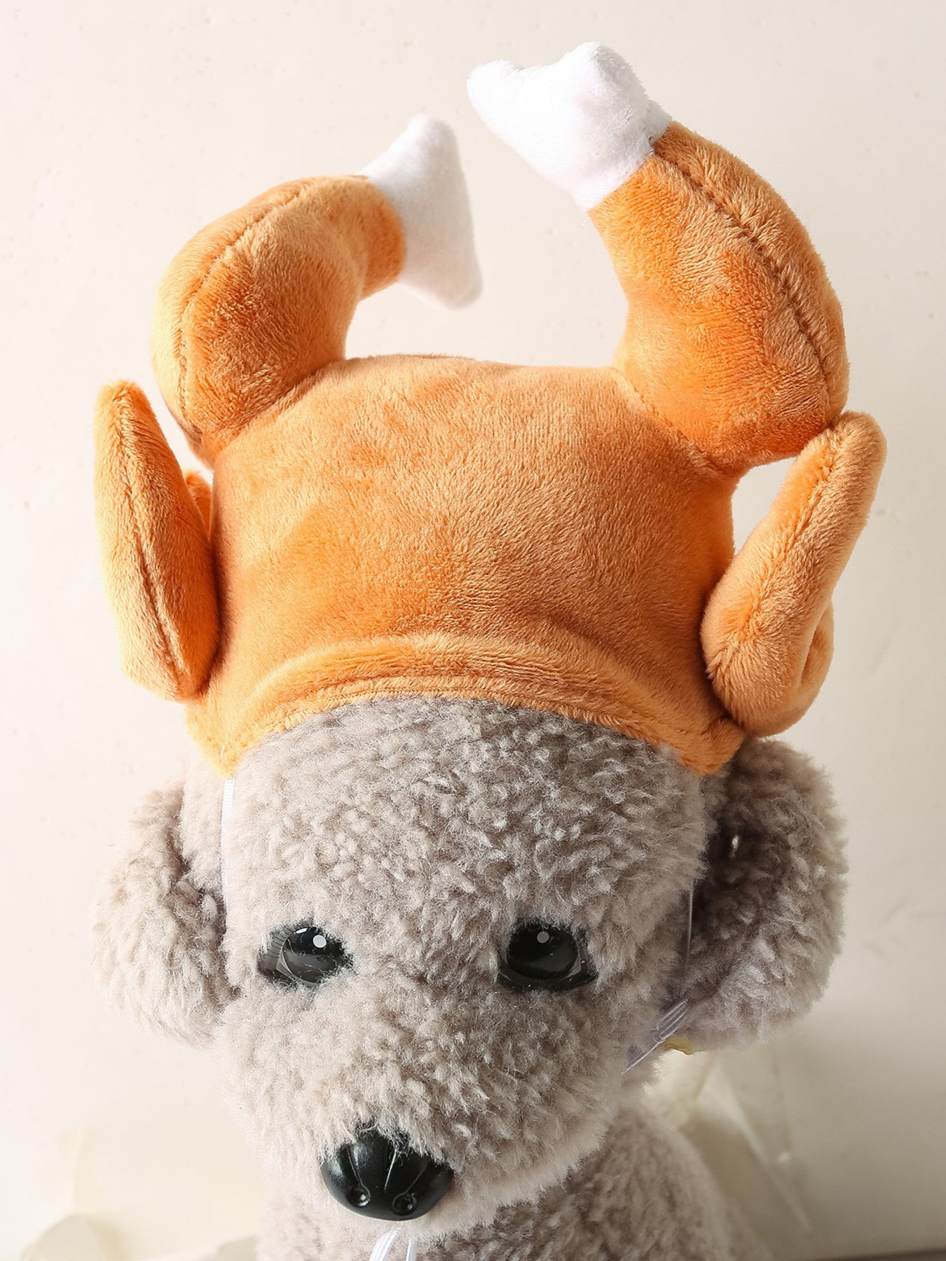 Small dog wearing a plush turkey-shaped pet hat