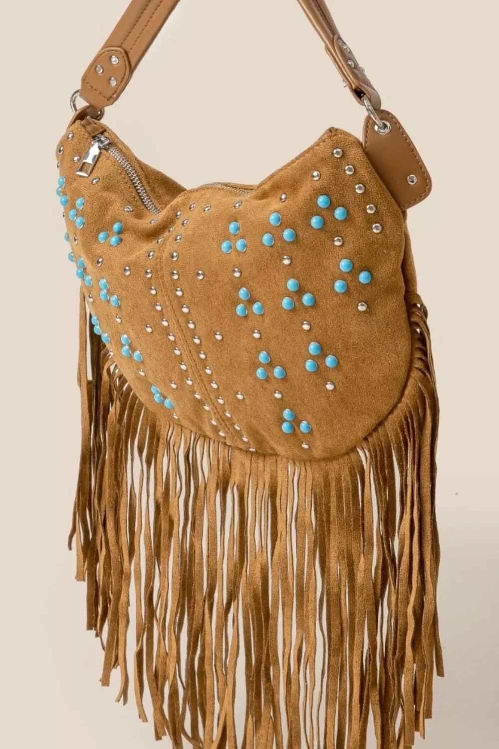 Boho brown fringe shoulder bag with turquoise and silver studs, medium hobo style with adjustable strap