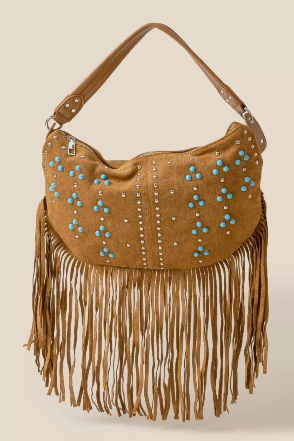 Boho brown fringe shoulder bag with turquoise and silver studs, medium hobo style with adjustable strap
