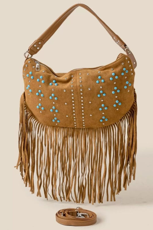 Boho brown fringe shoulder bag with turquoise and silver studs, medium hobo style with adjustable strap