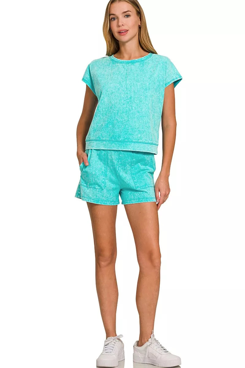 Mineral washed turquoise cotton lounge set with sleeveless top and pocketed shorts
