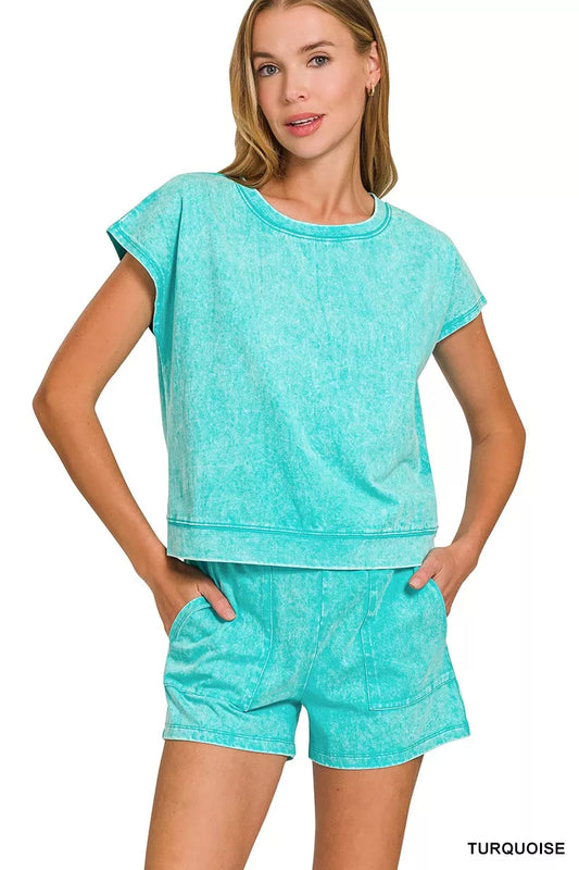 Mineral washed turquoise cotton lounge set with sleeveless top and pocketed shorts