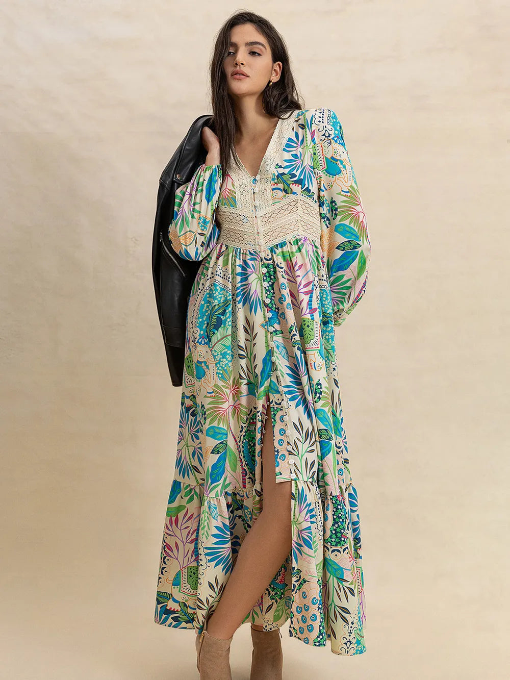 Printed V-neck midi dress with long sleeves, button front, and side slit – Twilight Bloom style from A Whimsical Affair.