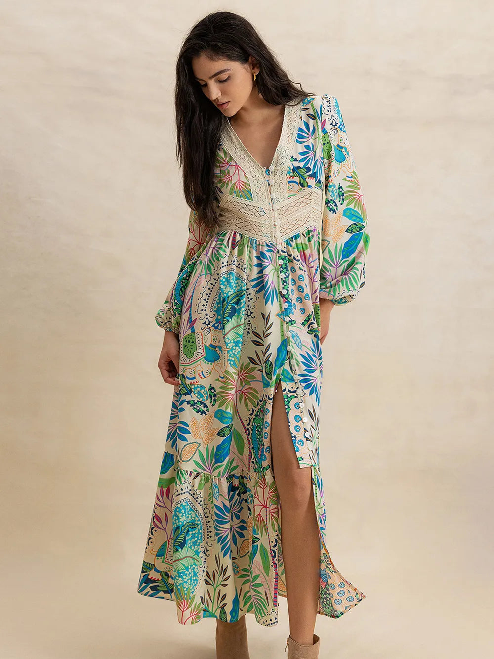 Printed V-neck midi dress with long sleeves, button front, and side slit – Twilight Bloom style from A Whimsical Affair.