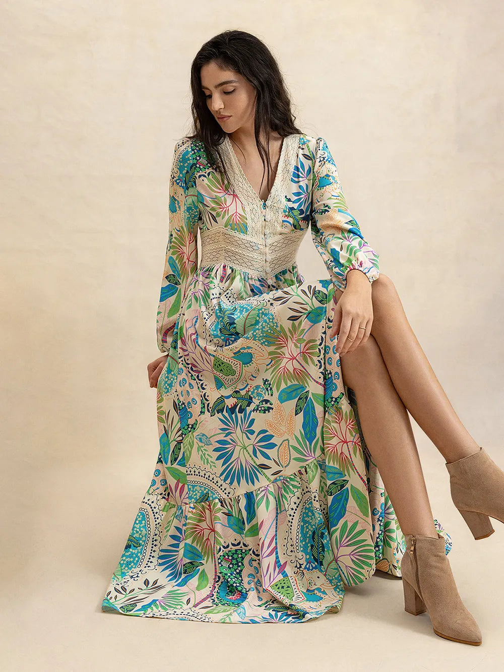 Printed V-neck midi dress with long sleeves, button front, and side slit – Twilight Bloom style from A Whimsical Affair.