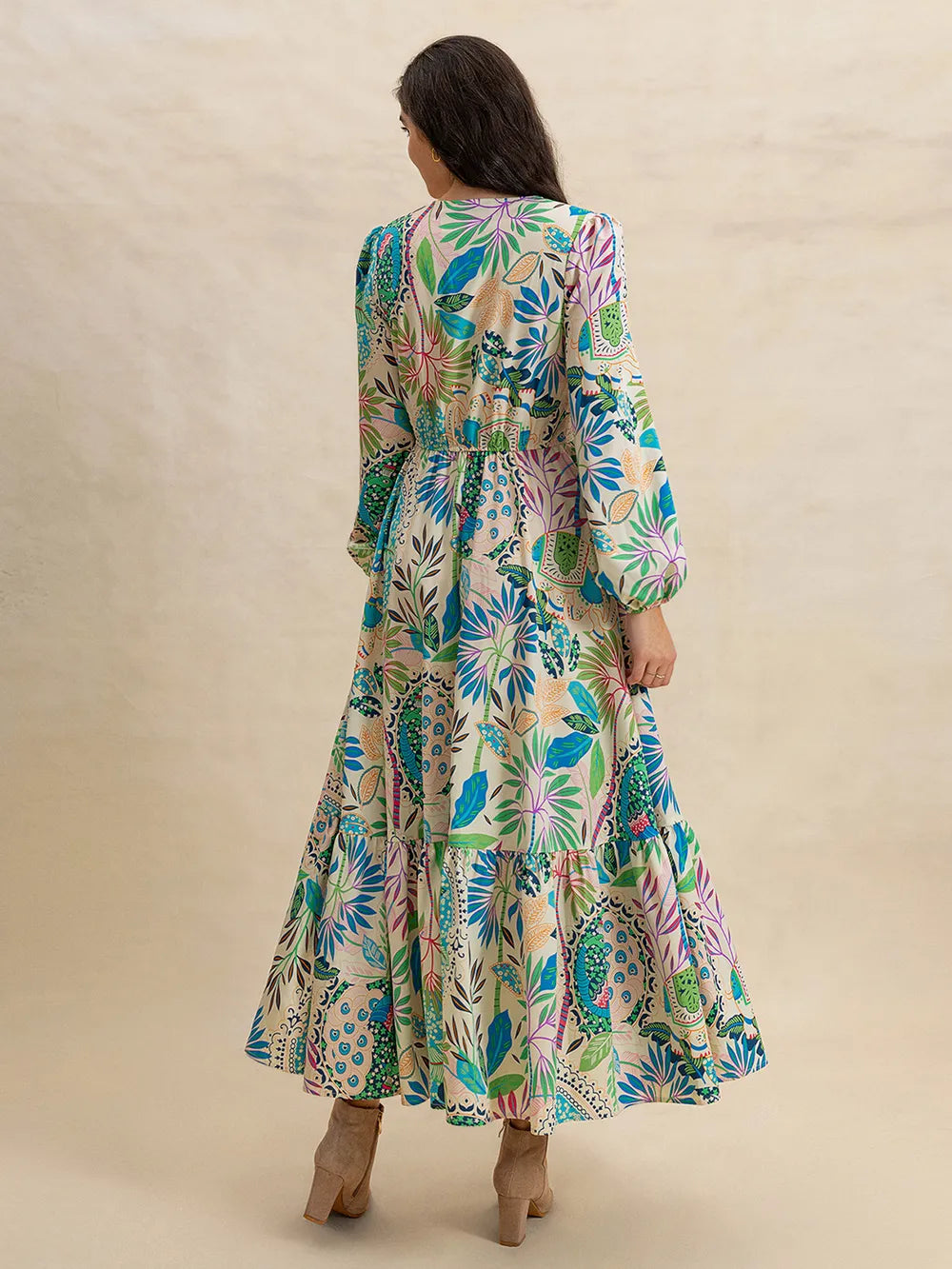 Printed V-neck midi dress with long sleeves, button front, and side slit – Twilight Bloom style from A Whimsical Affair.