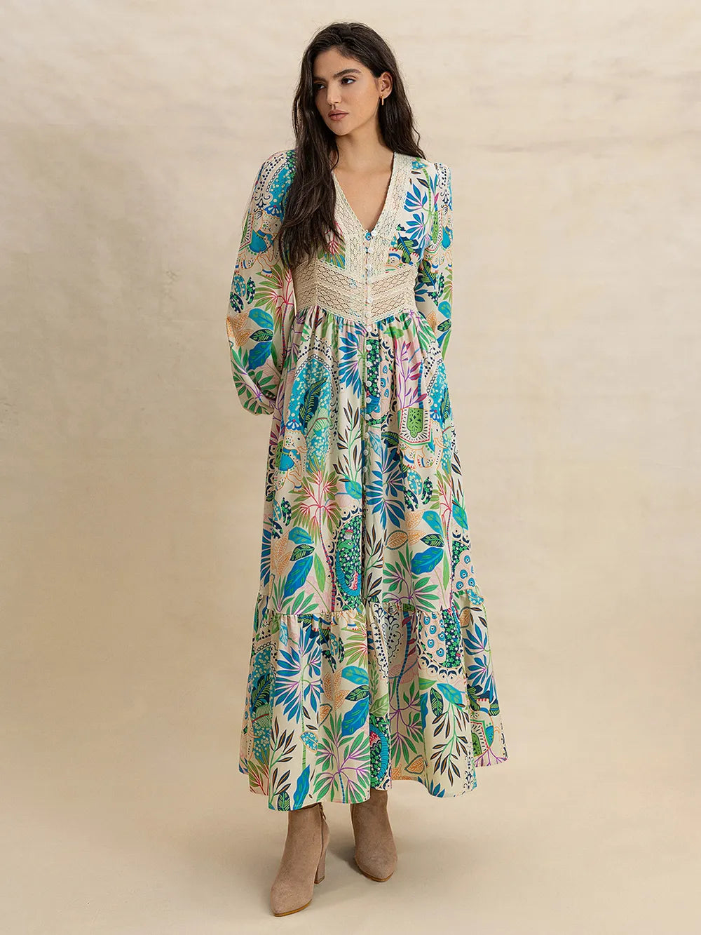 Printed V-neck midi dress with long sleeves, button front, and side slit – Twilight Bloom style from A Whimsical Affair.