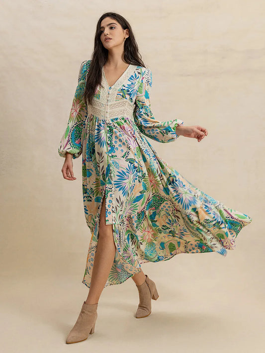 Printed V-neck midi dress with long sleeves, button front, and side slit – Twilight Bloom style from A Whimsical Affair.