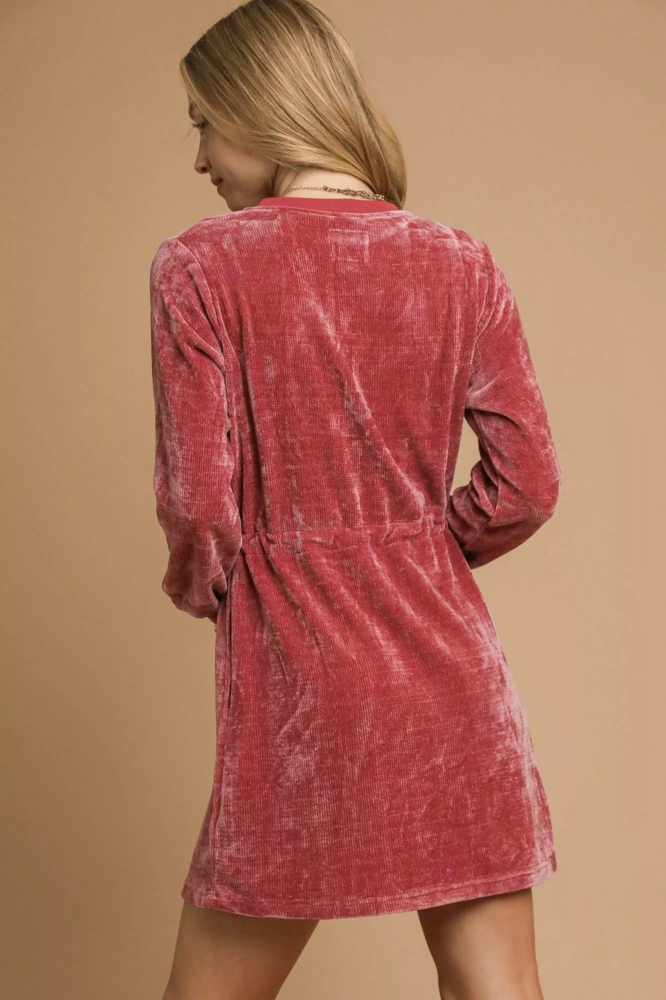 Red velour drawstring mini dress with long sleeves by Umgee