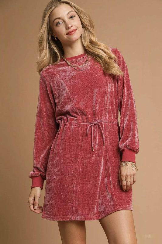 Red velour drawstring mini dress with long sleeves by Umgee
