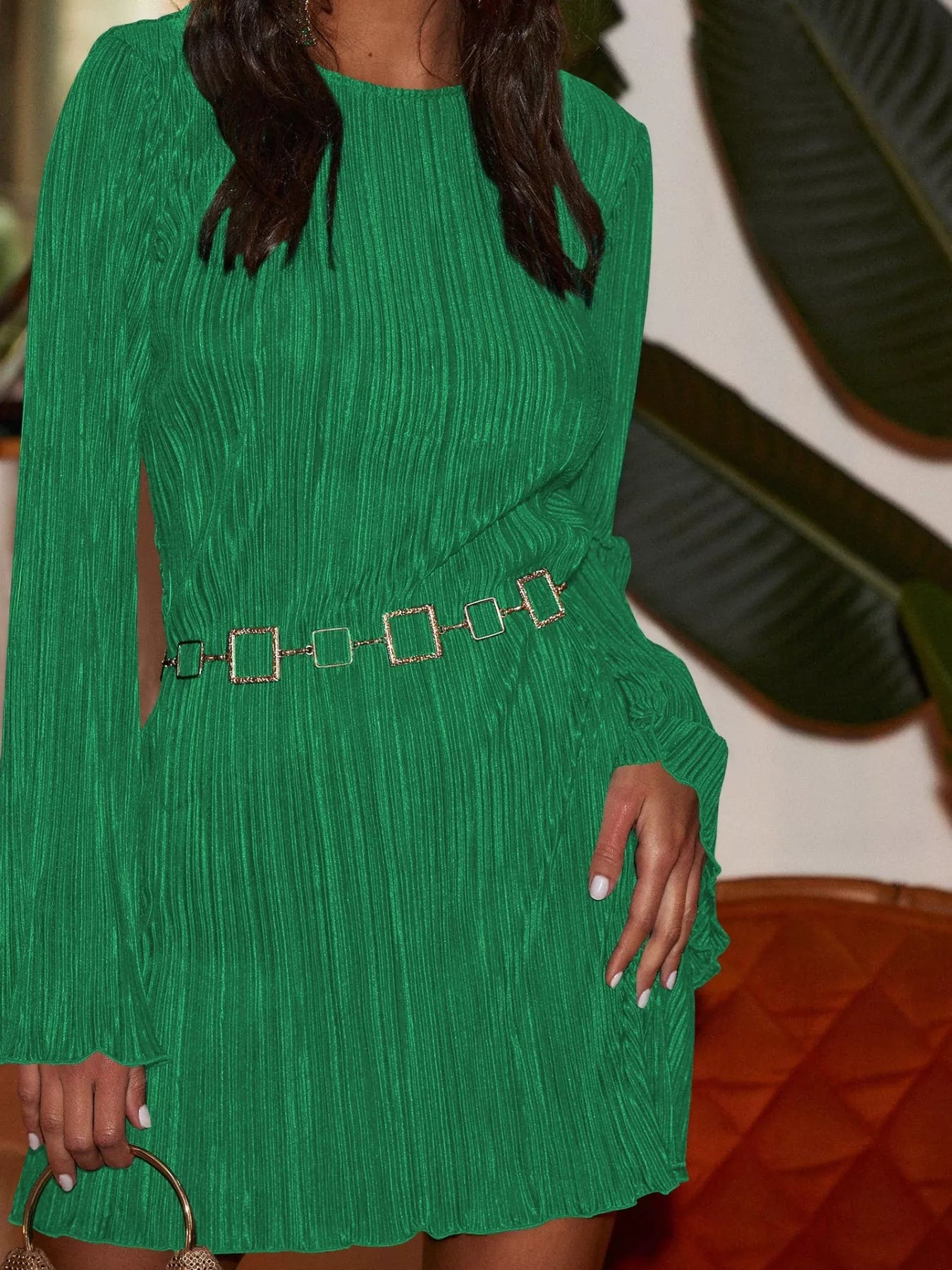 Velour Nights Cutout Dress in dark green with flare sleeves and cutout back