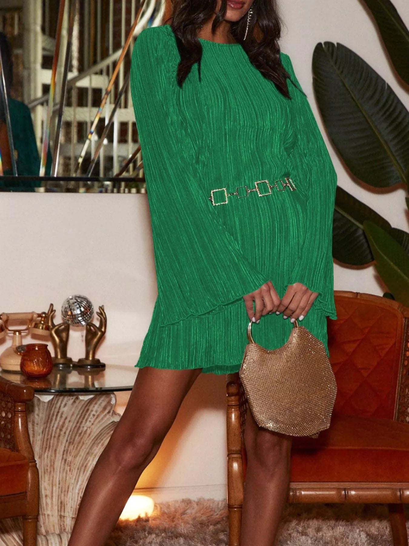 Velour Nights Cutout Dress in dark green with flare sleeves and cutout back