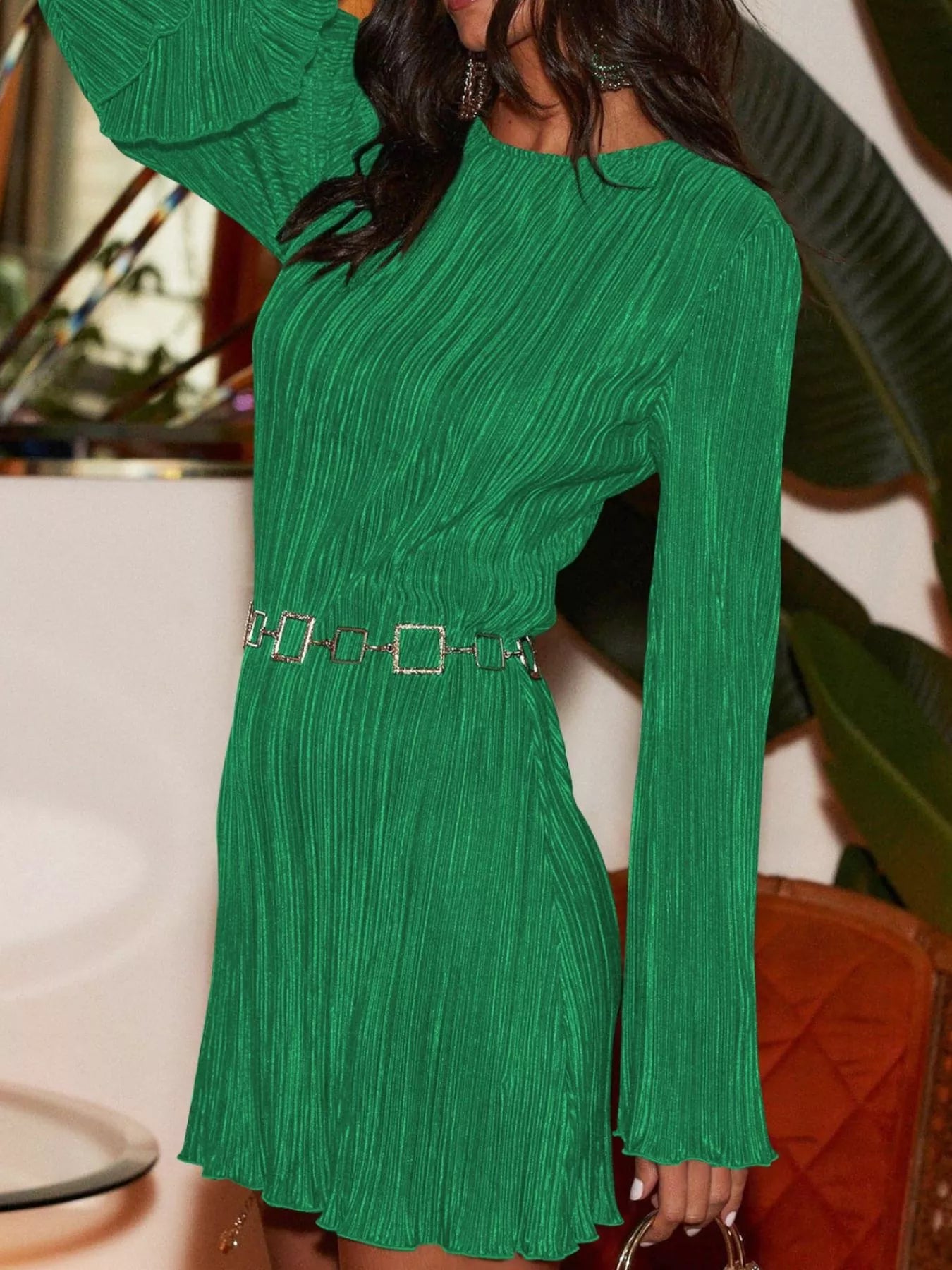 Velour Nights Cutout Dress in dark green with flare sleeves and cutout back