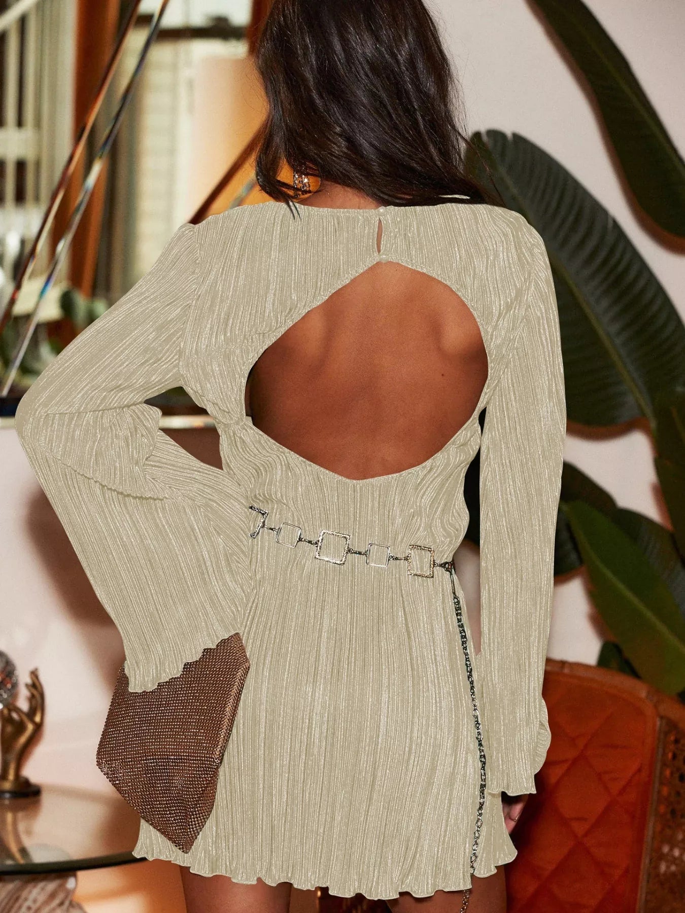 Velour Nights Cutout Dress in khaki with flare sleeves and cutout back