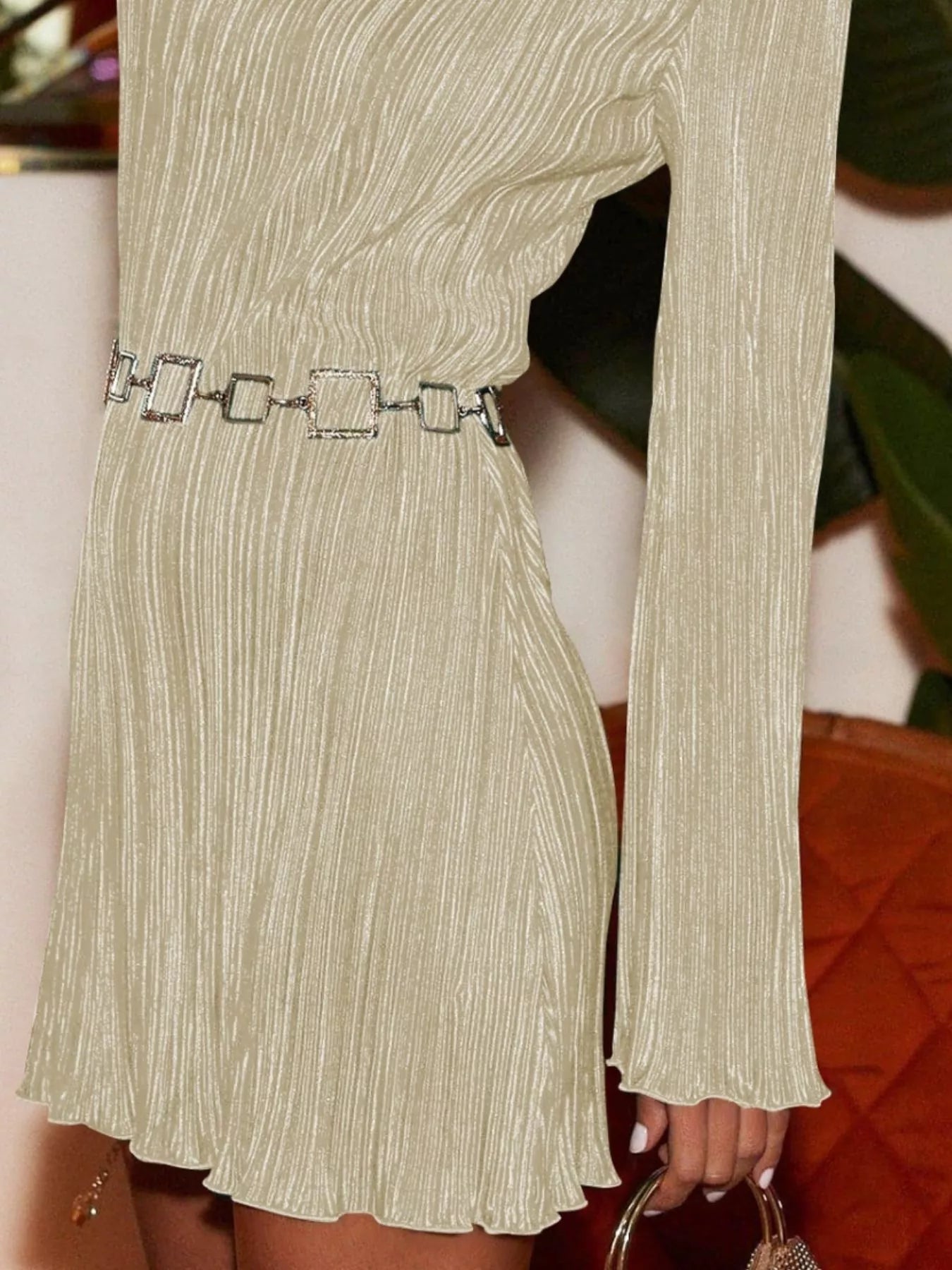 Velour Nights Cutout Dress in khaki with flare sleeves and cutout back