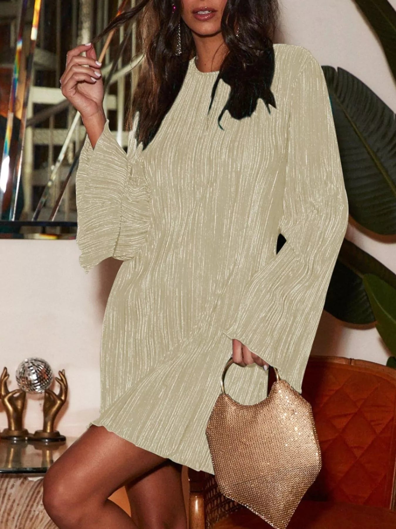 Velour Nights Cutout Dress in khaki with flare sleeves and cutout back