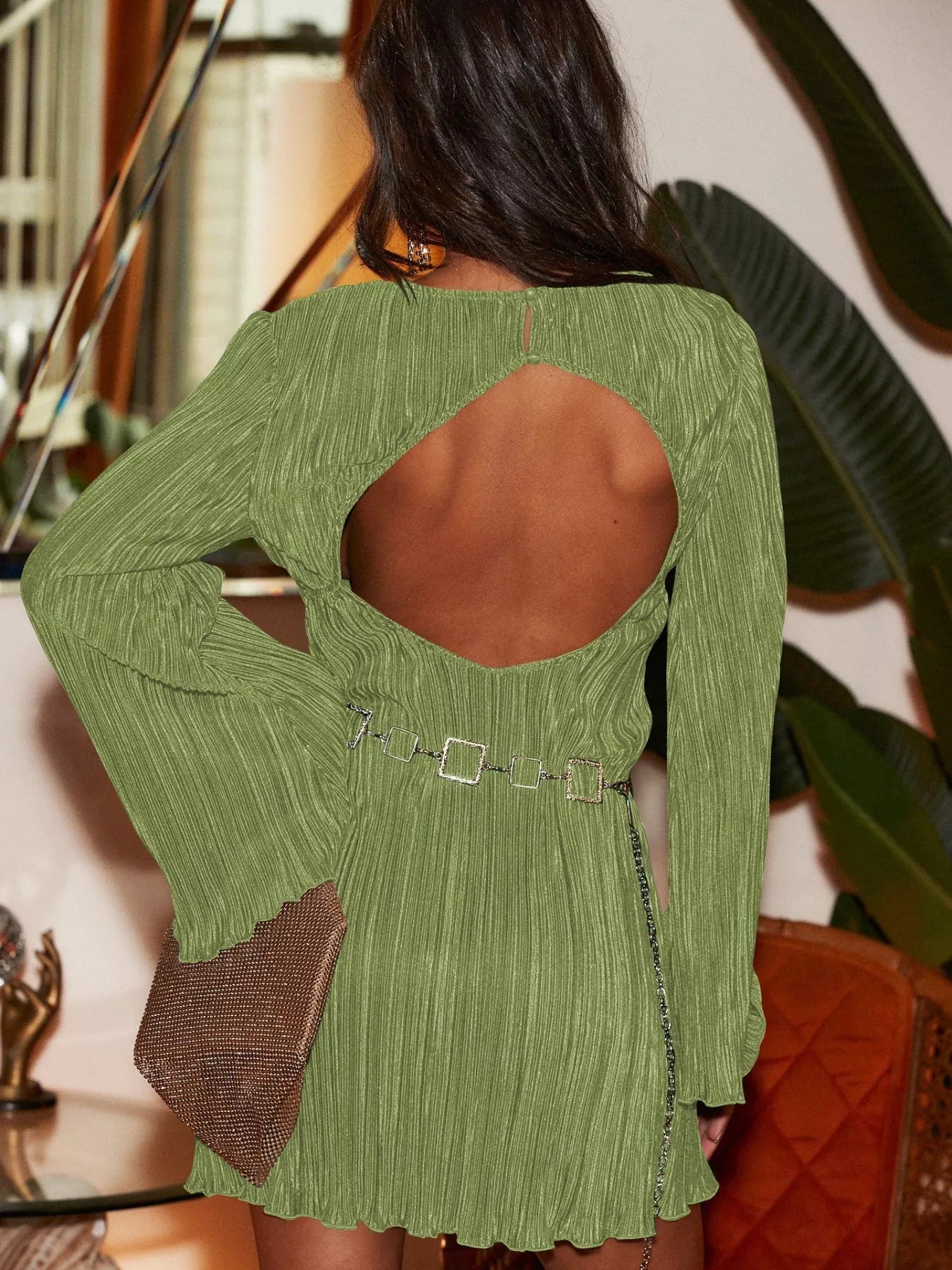 Velour Nights Cutout Dress in matcha green with flare sleeves and cutout back