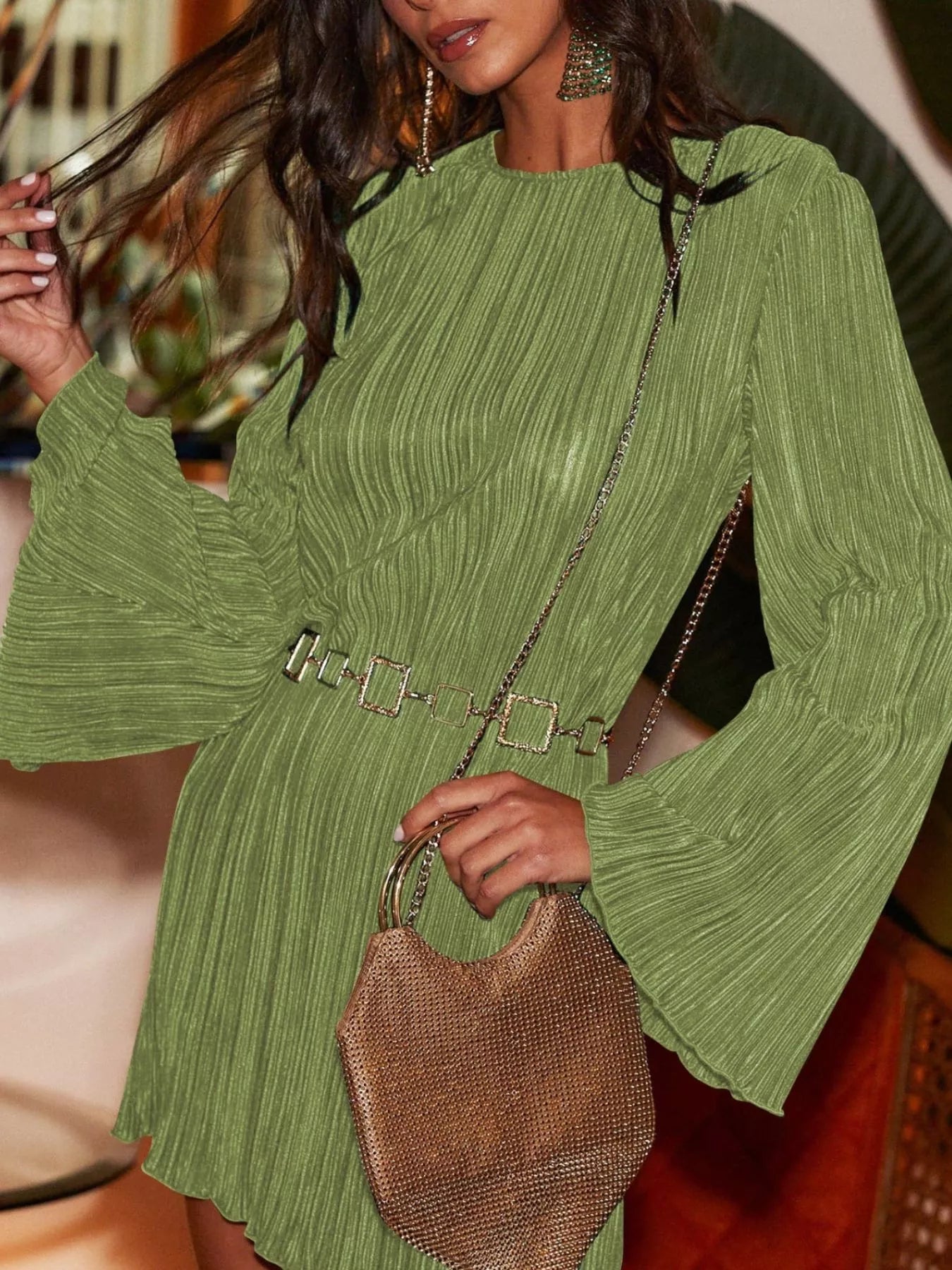 Velour Nights Cutout Dress in matcha green with flare sleeves and cutout back