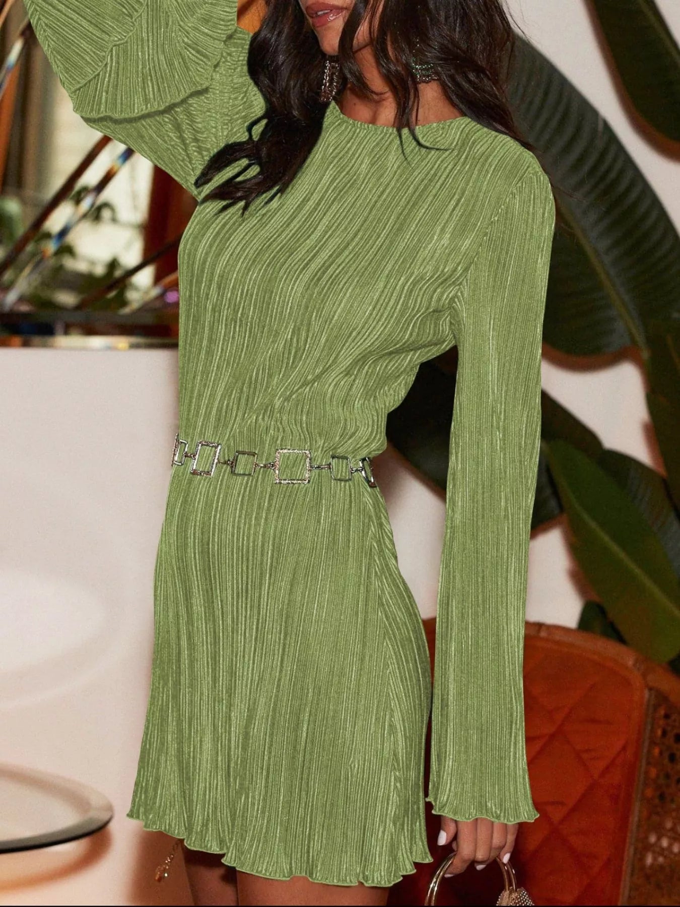 Velour Nights Cutout Dress in matcha green with flare sleeves and cutout back