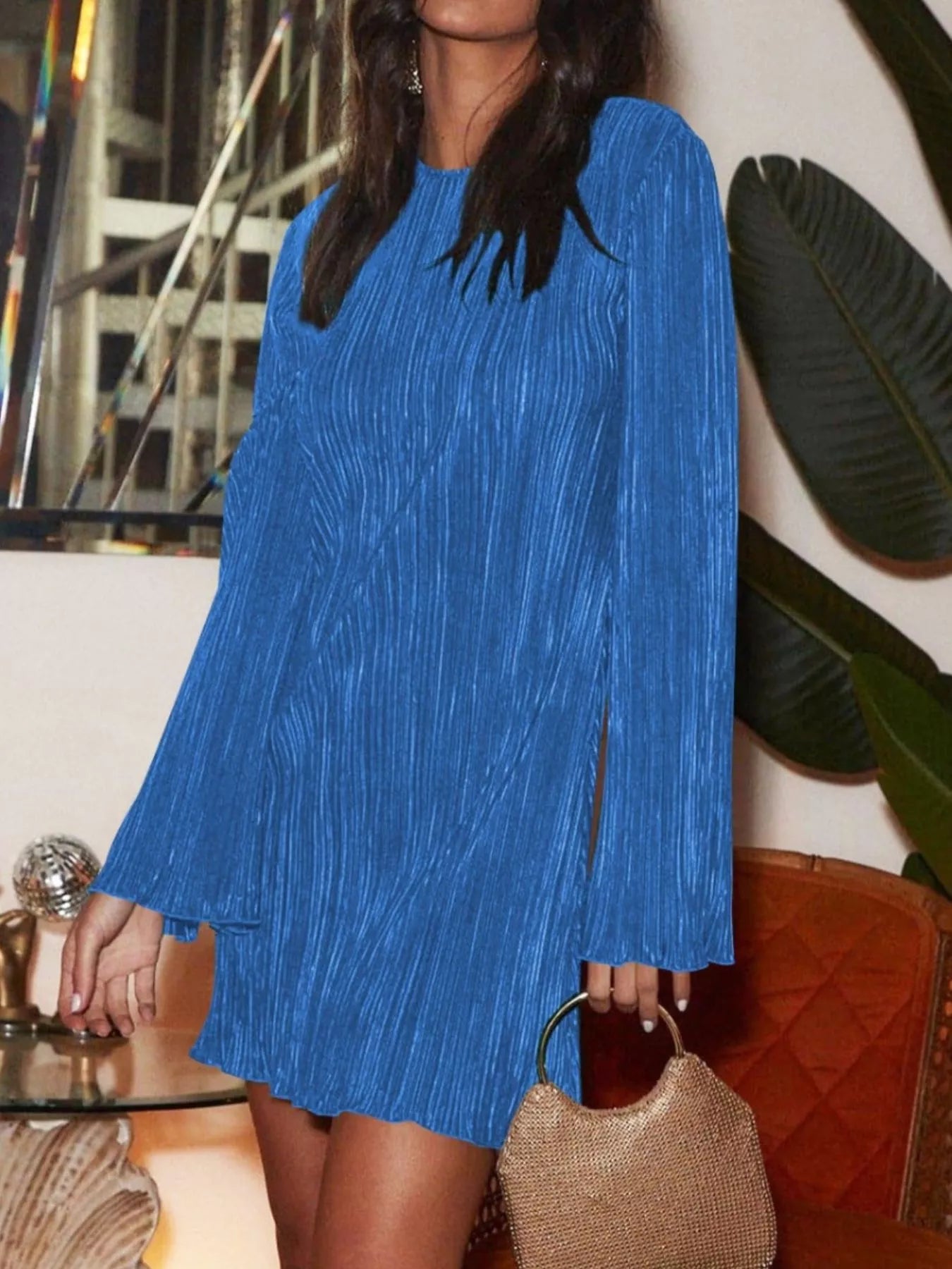 Velour Nights Cutout Dress in royal blue with flare sleeves and cutout back
