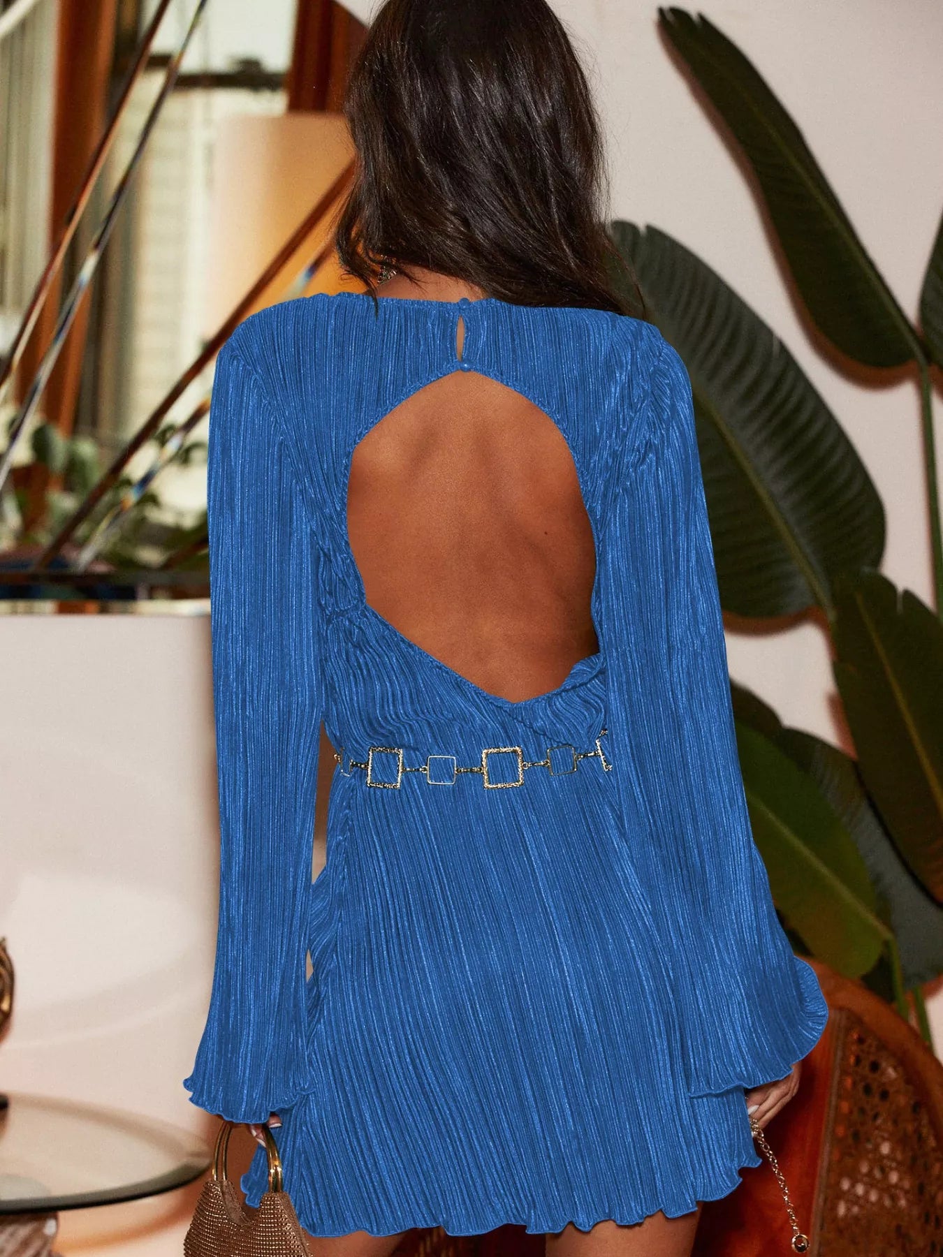 Velour Nights Cutout Dress in royal blue with flare sleeves and cutout back