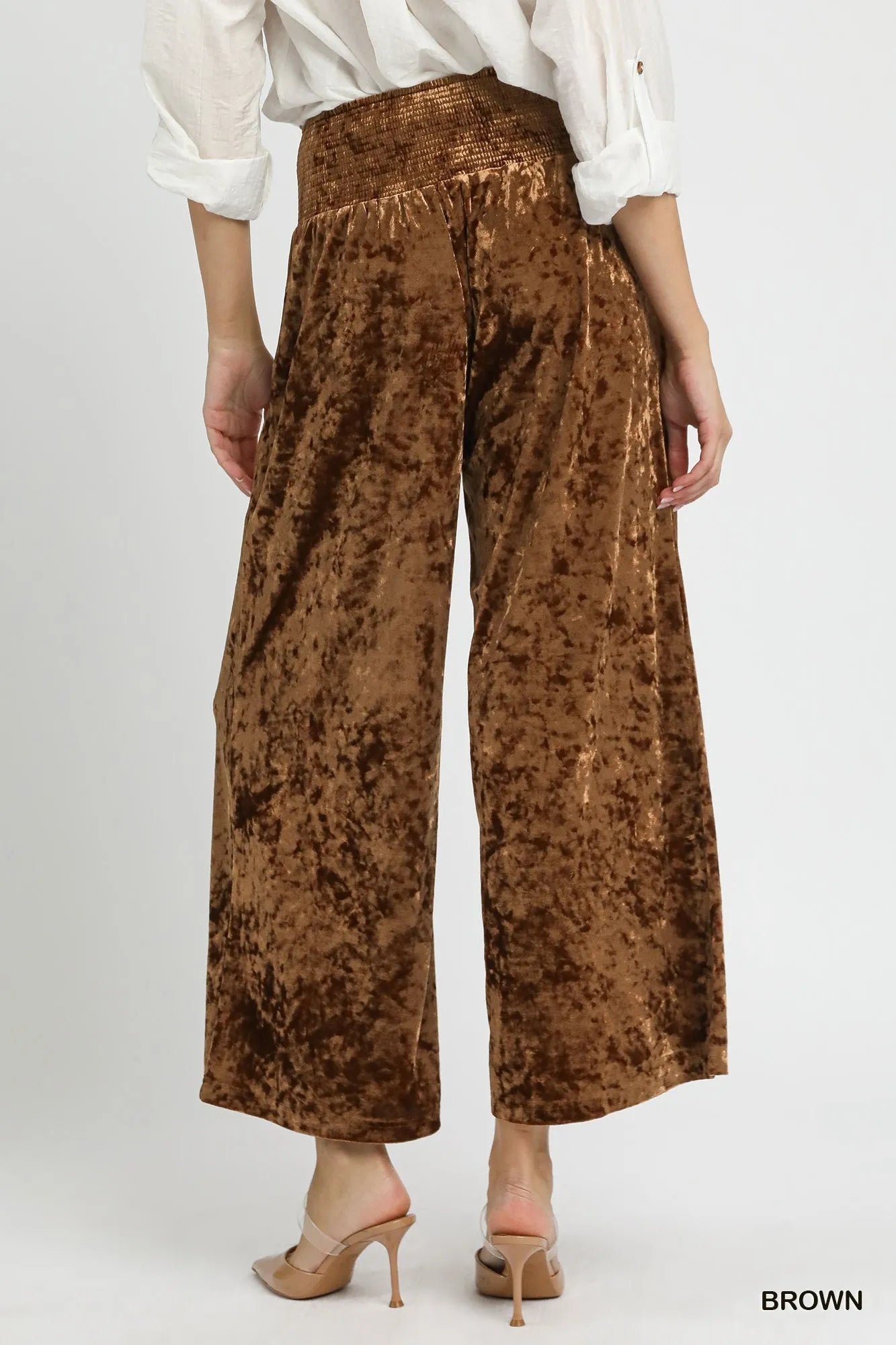 Brown velvet wide leg pants with smocked waistband by Umgee