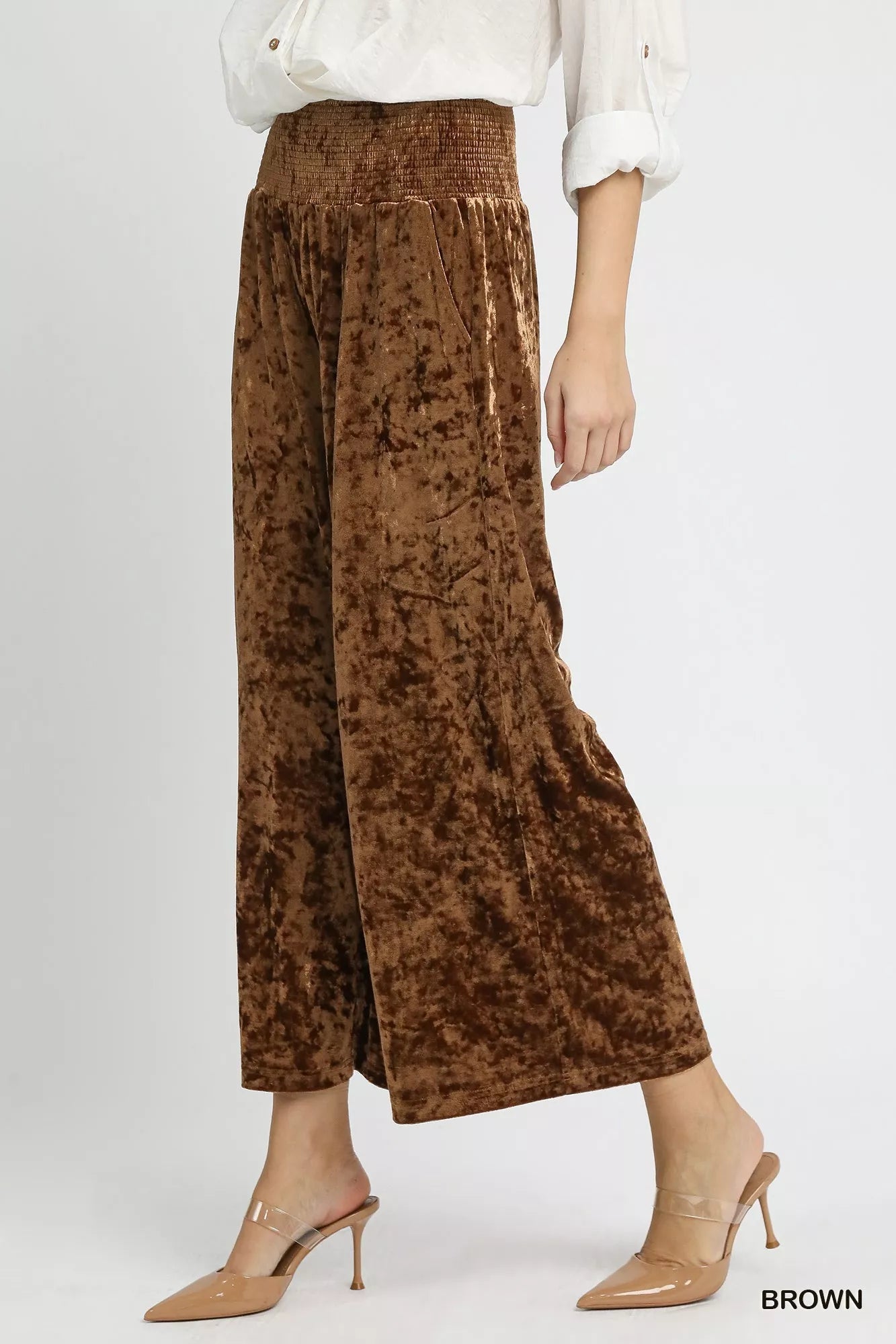 Brown velvet wide leg pants with smocked waistband by Umgee
