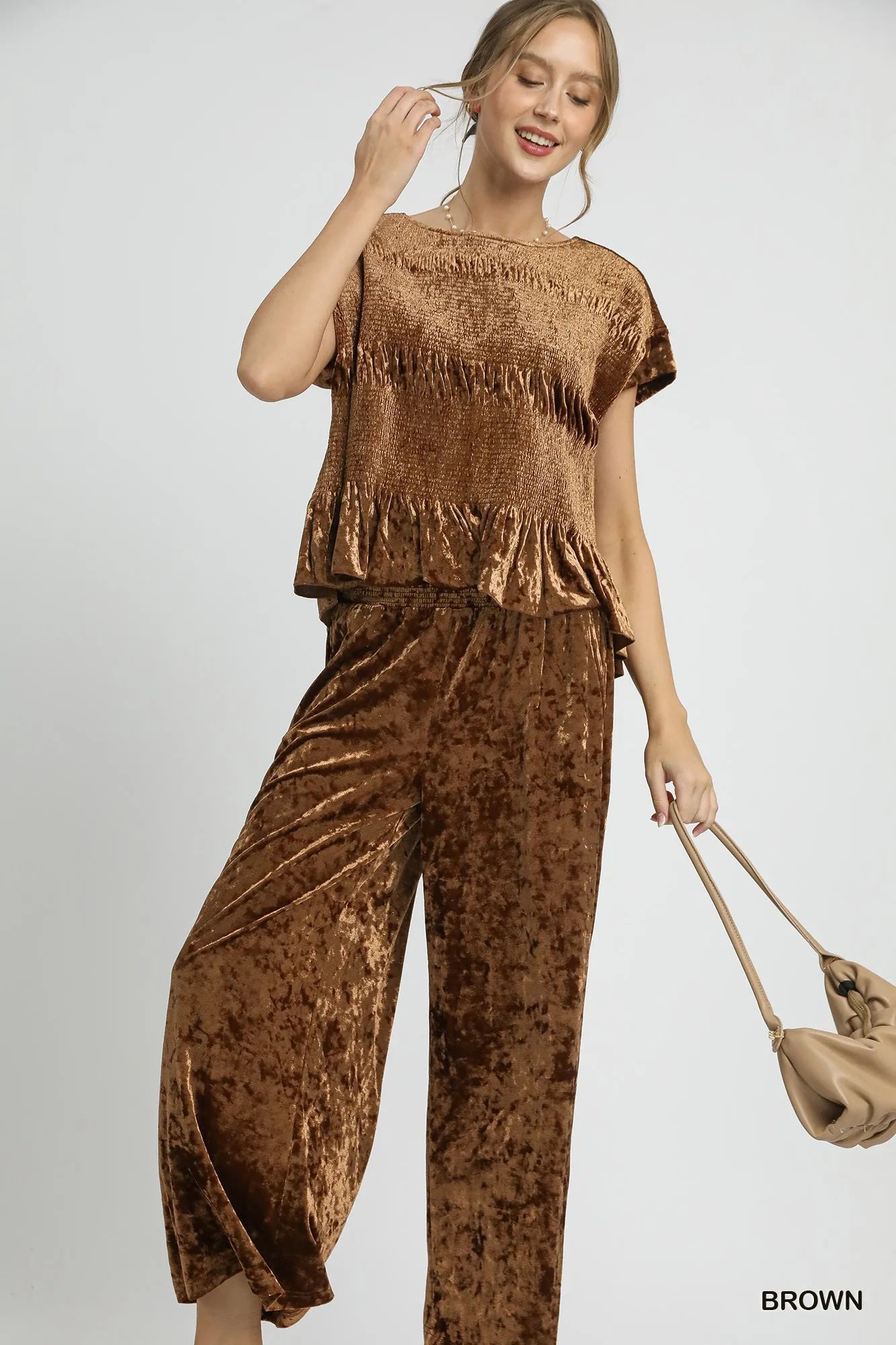 Brown velvet wide leg pants with smocked waistband by Umgee