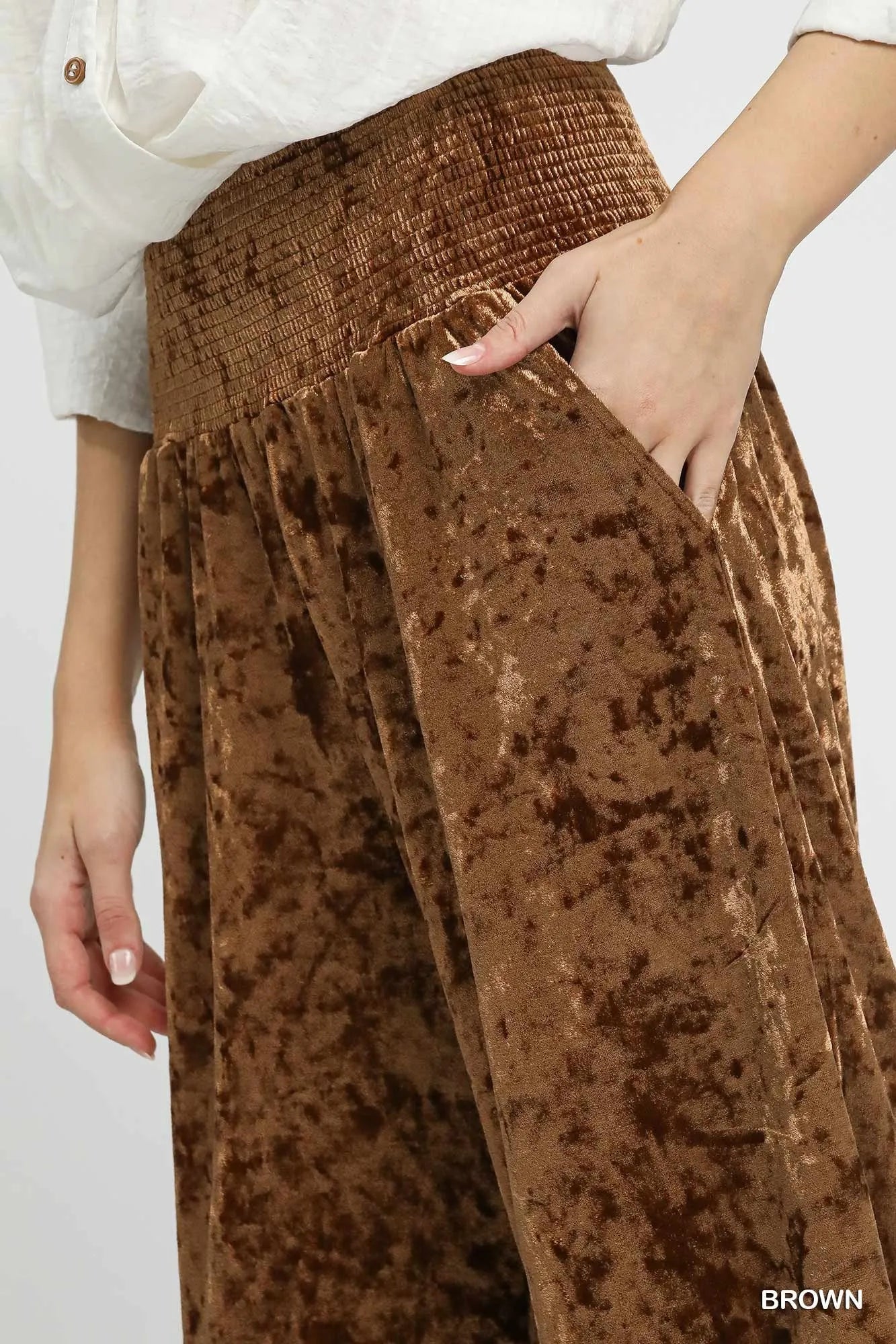 Brown velvet wide leg pants with smocked waistband by Umgee