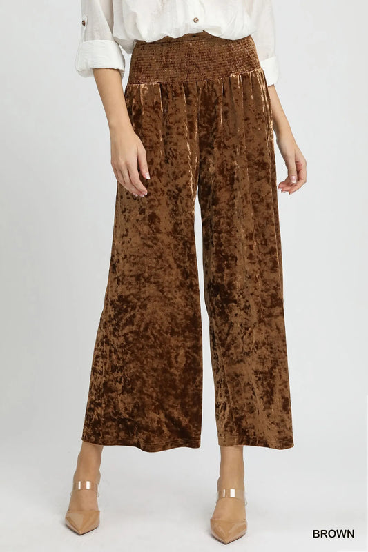 Brown velvet wide leg pants with smocked waistband by Umgee