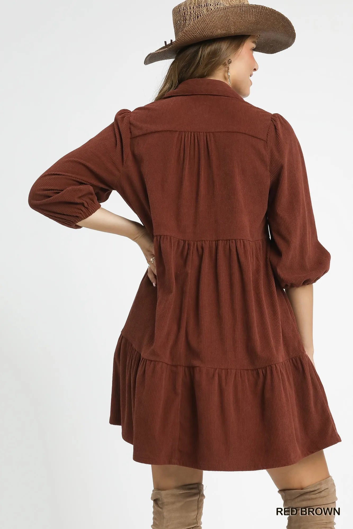 Velvet Valley Corduroy Mini Dress – tiered corduroy mini dress with balloon sleeves in vintage-inspired fall style from A Whimsical Affair.