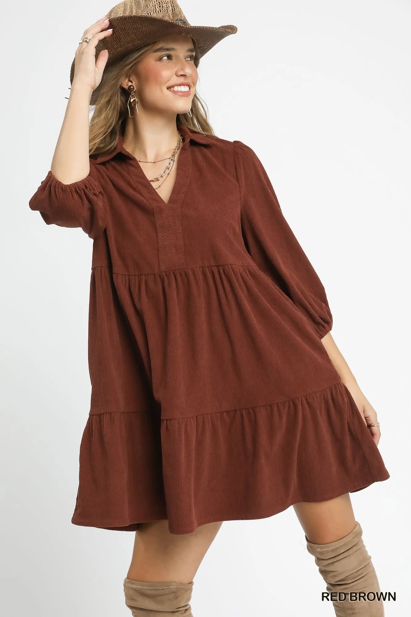 Velvet Valley Corduroy Mini Dress – tiered corduroy mini dress with balloon sleeves in vintage-inspired fall style from A Whimsical Affair.