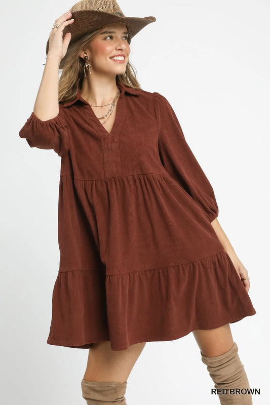 Velvet Valley Corduroy Mini Dress – tiered corduroy mini dress with balloon sleeves in vintage-inspired fall style from A Whimsical Affair.