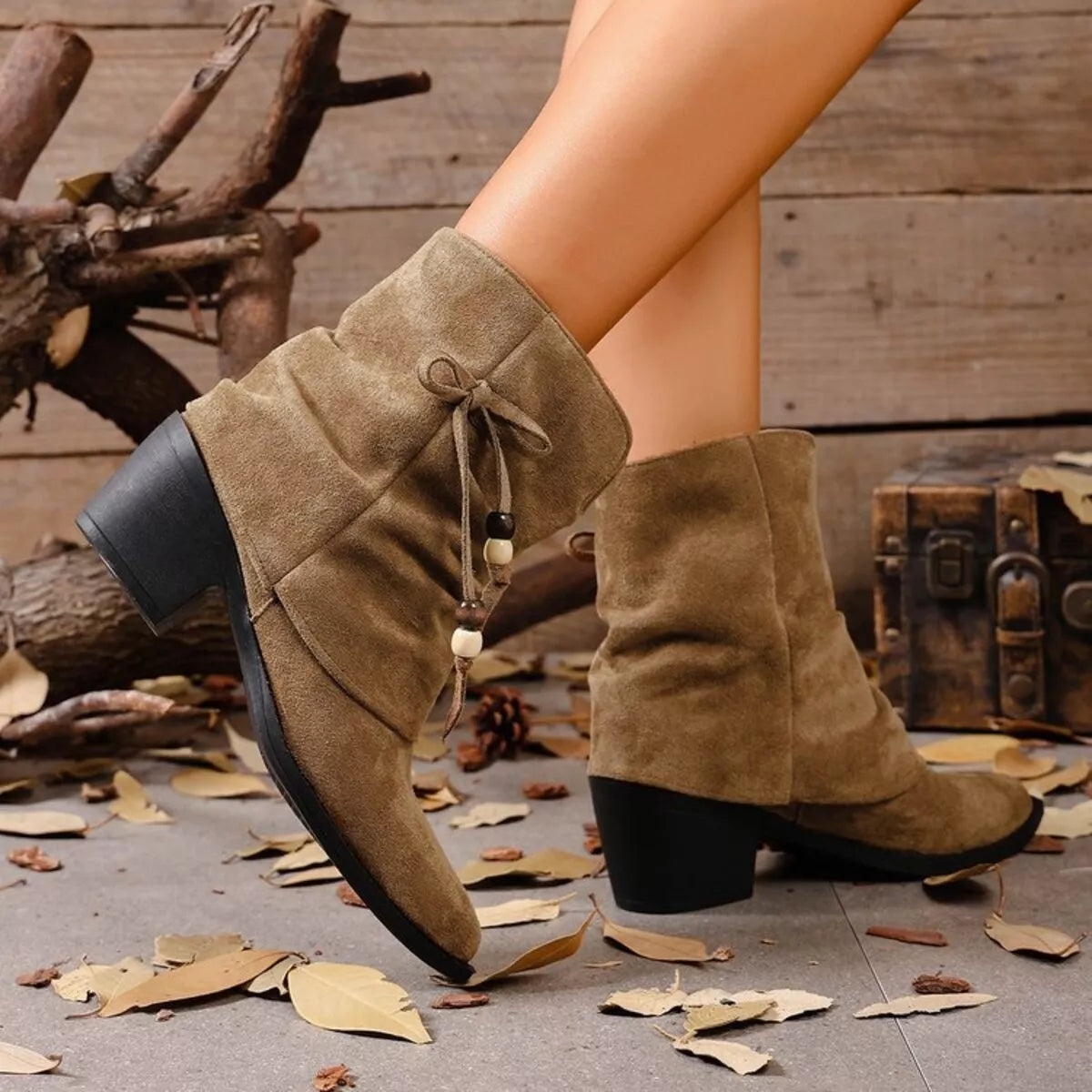 Slouch ankle boots with suede finish and mid heel