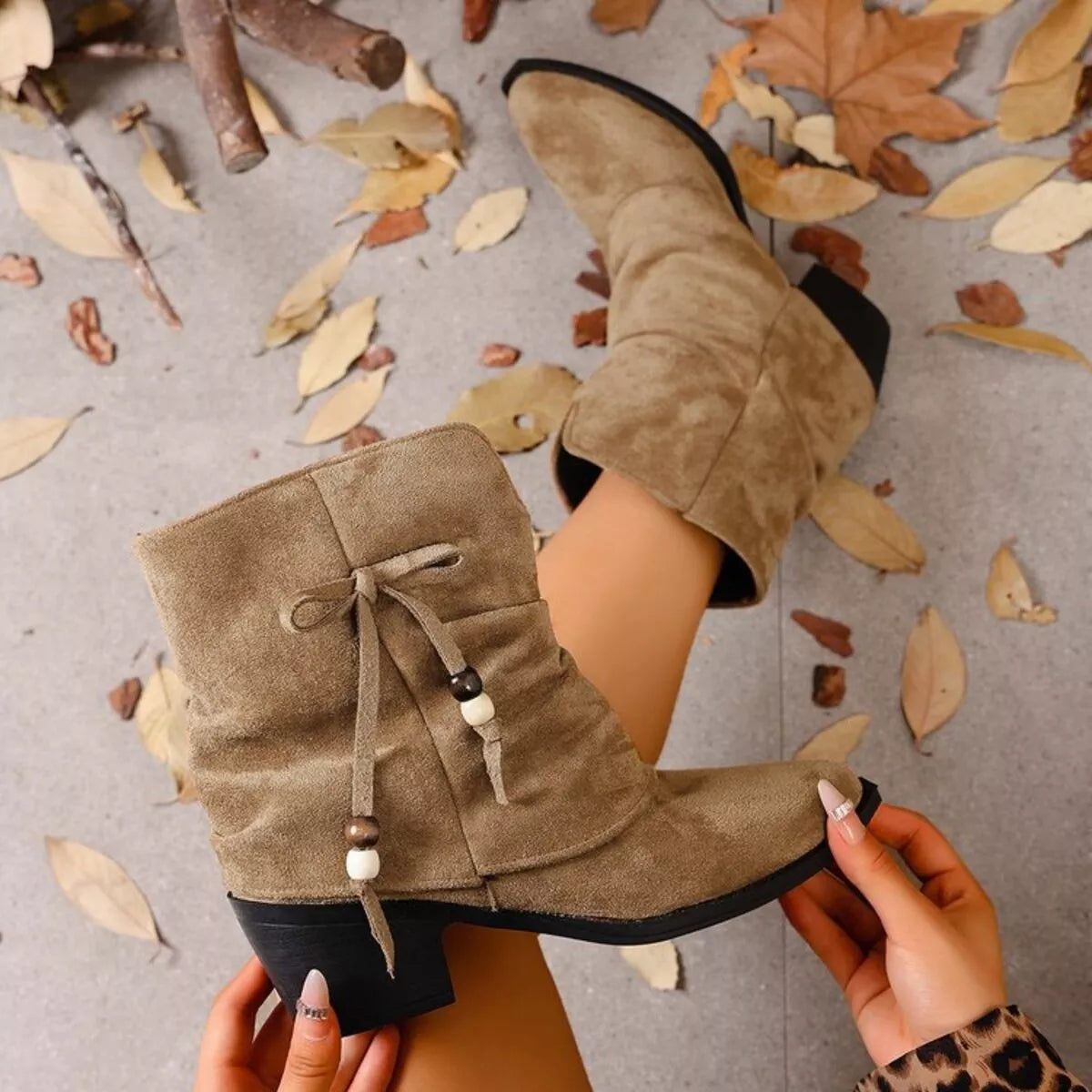 Slouch ankle boots with suede finish and mid heel