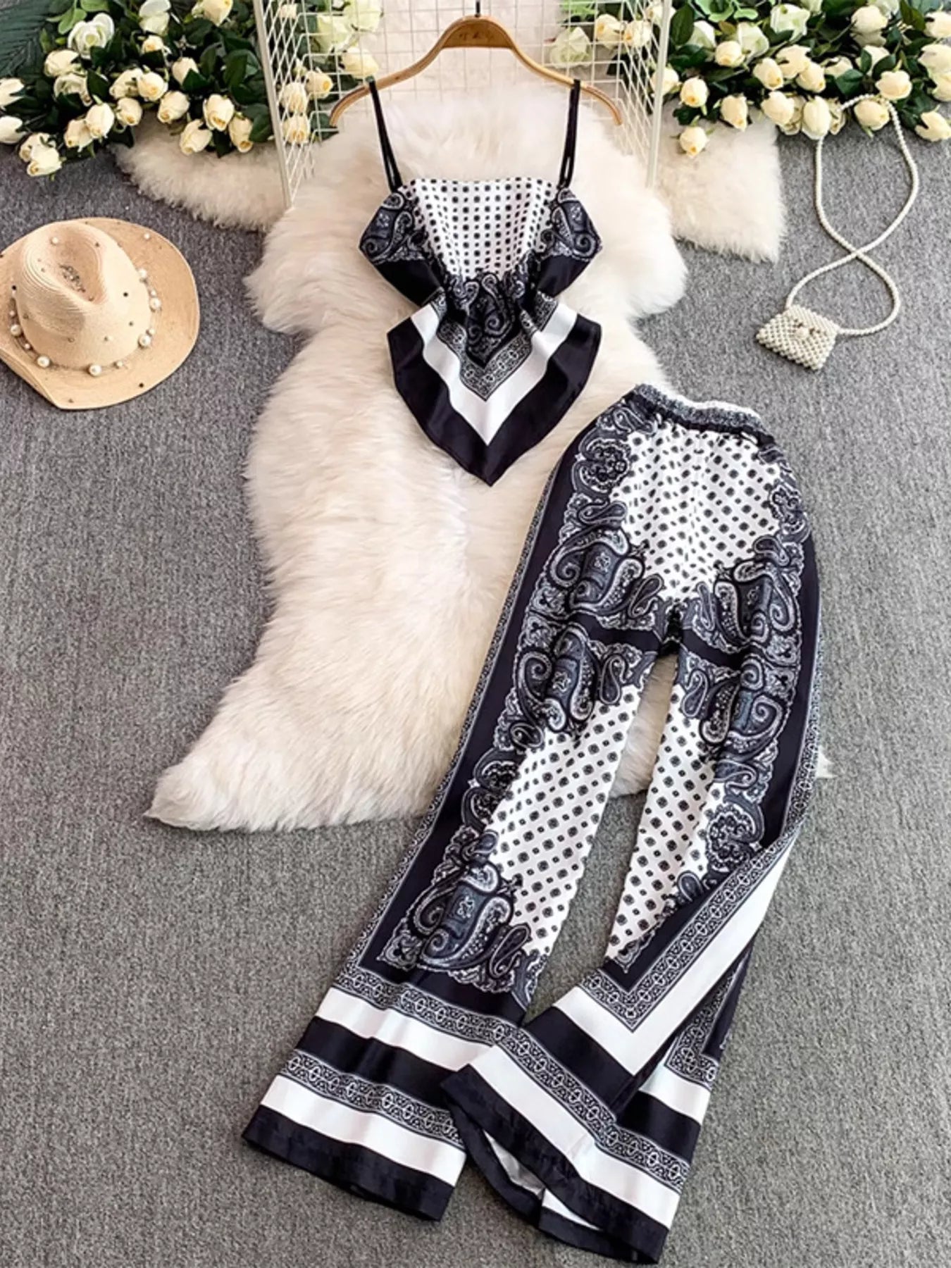 Black printed cami and pants set with tie-back top – Wanderlight style from A Whimsical Affair.