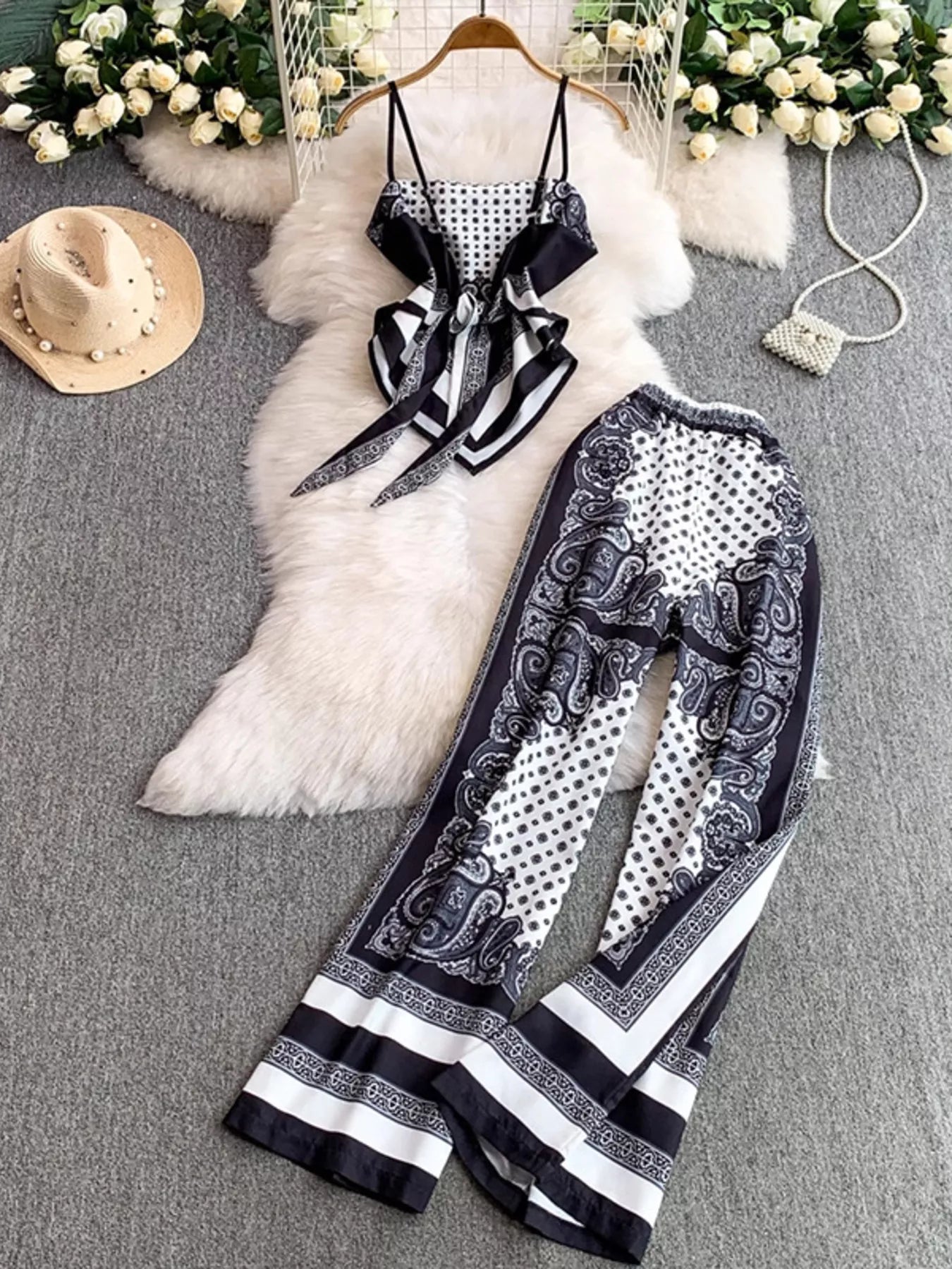 Black printed cami and pants set with tie-back top – Wanderlight style from A Whimsical Affair.
