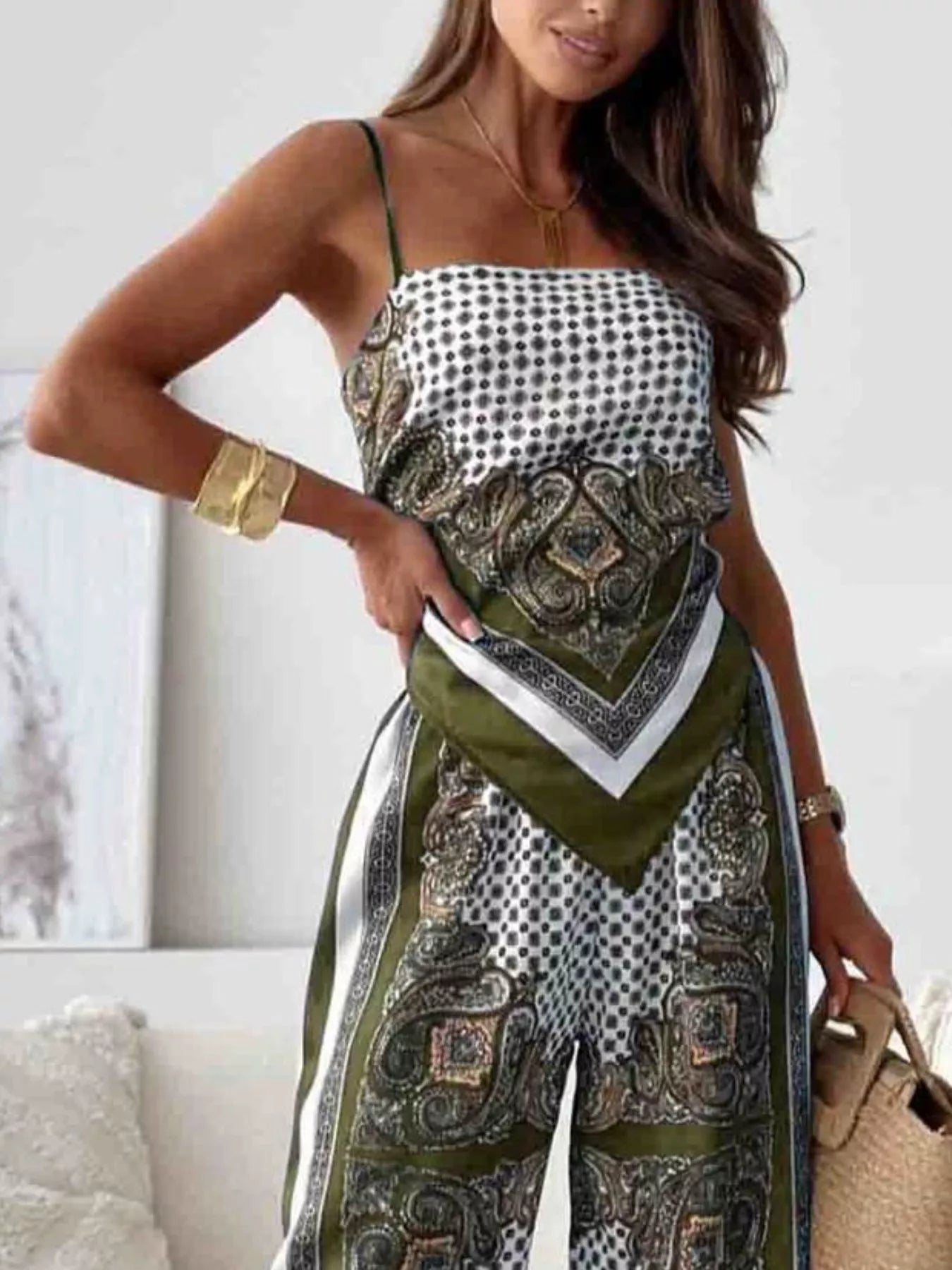 Green printed cami and pants set with tie-back top – Wanderlight style from A Whimsical Affair.