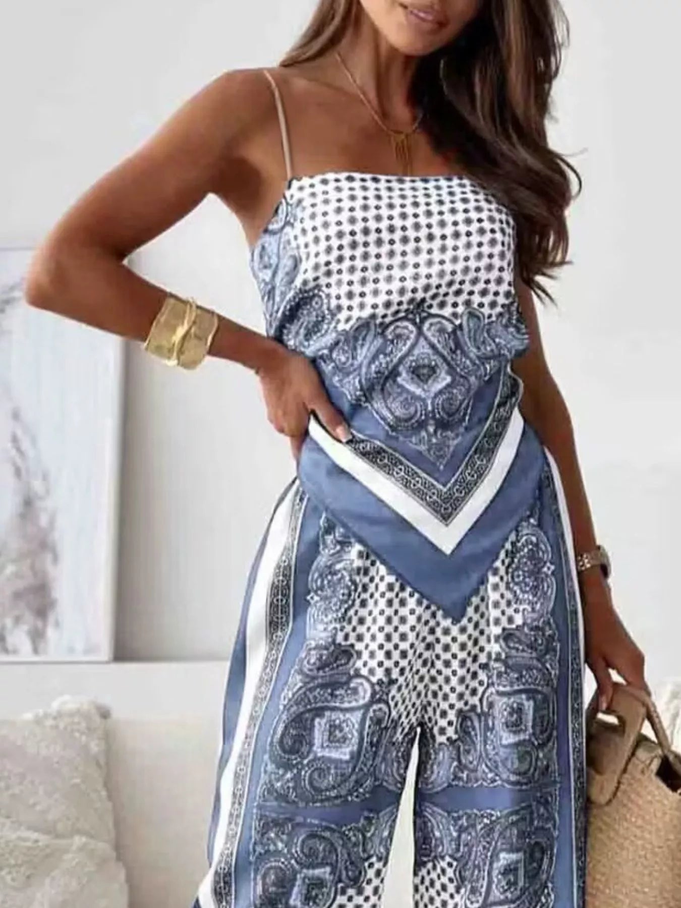 Sky blue printed cami and pants set with tie-back top – Wanderlight style from A Whimsical Affair.