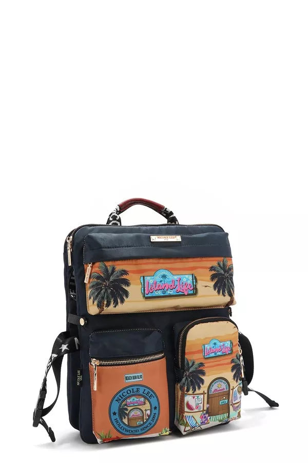 Wanderlust Tales Backpack – Nicole Lee USA design featuring tropical palms and retro island-inspired patches.