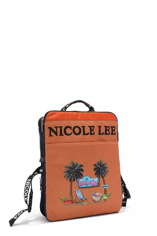 Wanderlust Tales Backpack – Nicole Lee USA design featuring tropical palms and retro island-inspired patches.