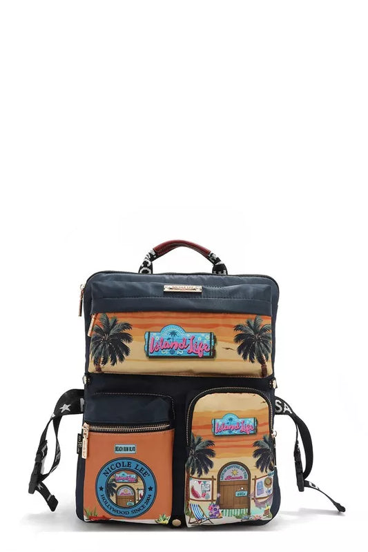 Wanderlust Tales Backpack – Nicole Lee USA design featuring tropical palms and retro island-inspired patches.