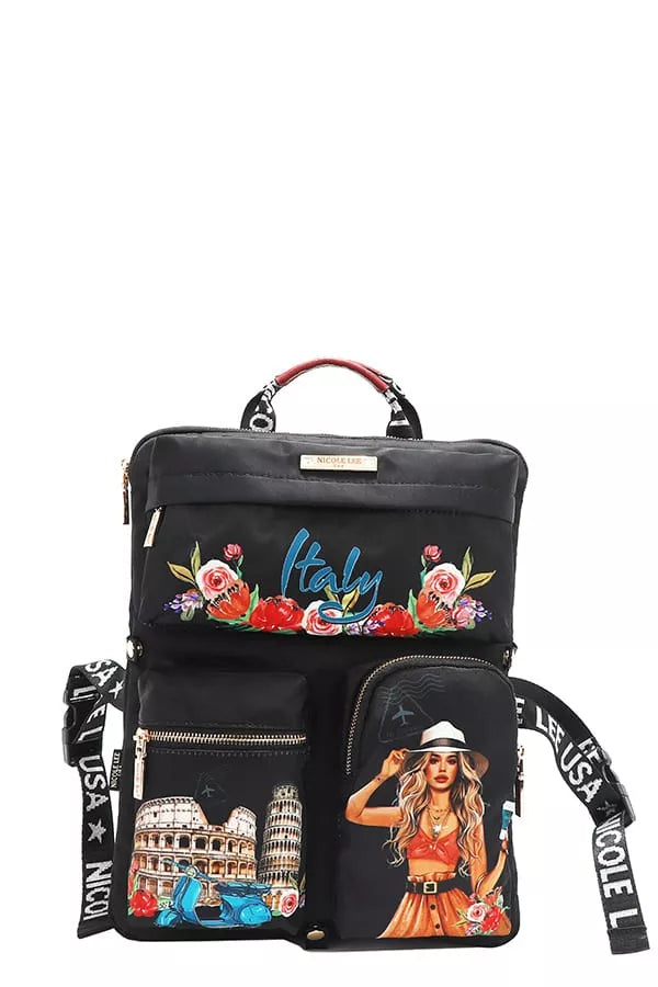 Wanderlust Tales Backpack – Nicole Lee USA design featuring Italian landmarks, roses, and chic traveler illustration.