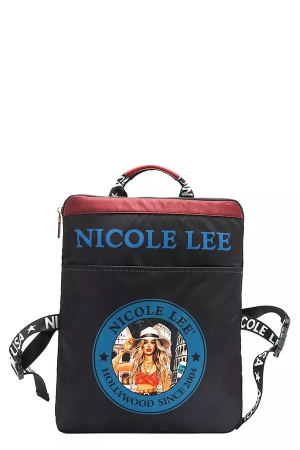 Wanderlust Tales Backpack – Nicole Lee USA design featuring Italian landmarks, roses, and chic traveler illustration.