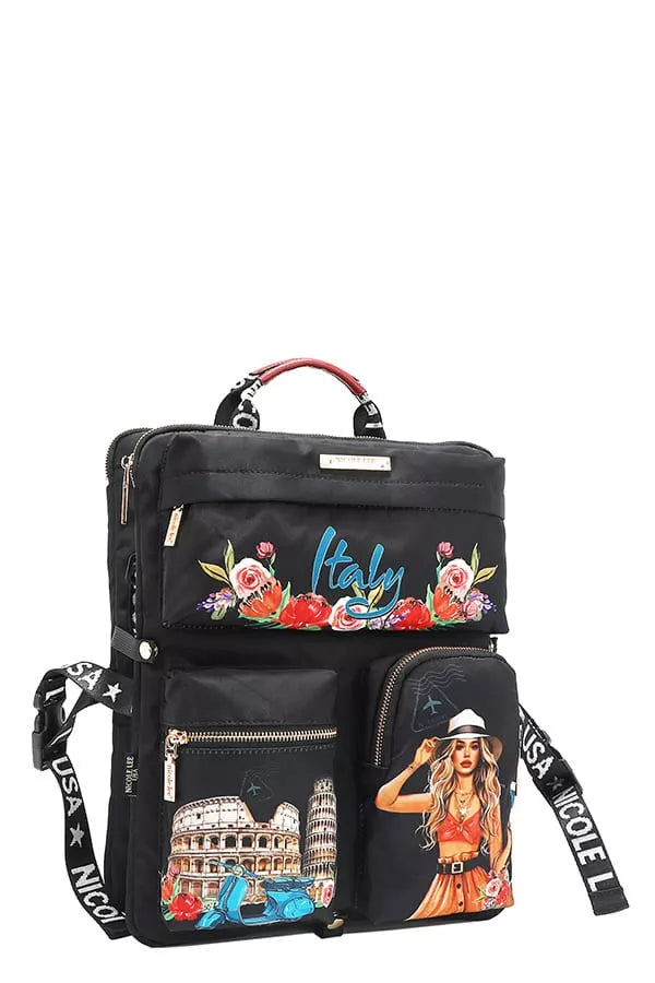 Wanderlust Tales Backpack – Nicole Lee USA design featuring Italian landmarks, roses, and chic traveler illustration.