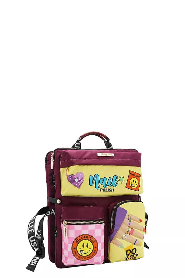 Wanderlust Tales Backpack – Nicole Lee USA design with playful nail polish bottles, checkerboard pattern, and smiley accents.