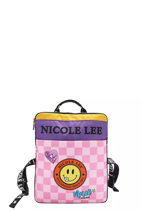 Wanderlust Tales Backpack – Nicole Lee USA design with playful nail polish bottles, checkerboard pattern, and smiley accents.