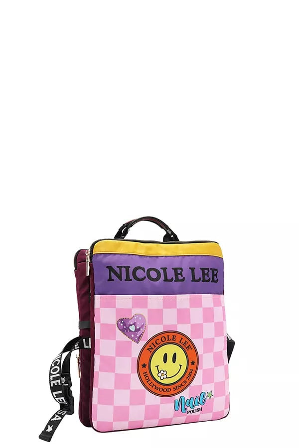 Wanderlust Tales Backpack – Nicole Lee USA design with playful nail polish bottles, checkerboard pattern, and smiley accents.