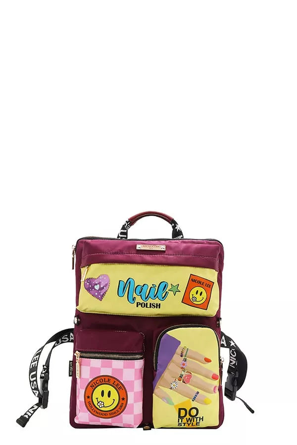 Wanderlust Tales Backpack – Nicole Lee USA design with playful nail polish bottles, checkerboard pattern, and smiley accents.